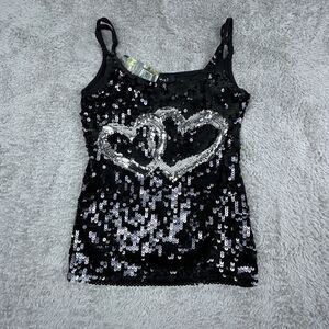 Love J Women's Sequin Tank Top Black Heart Stretch Glitter Party Shirt Small NWT